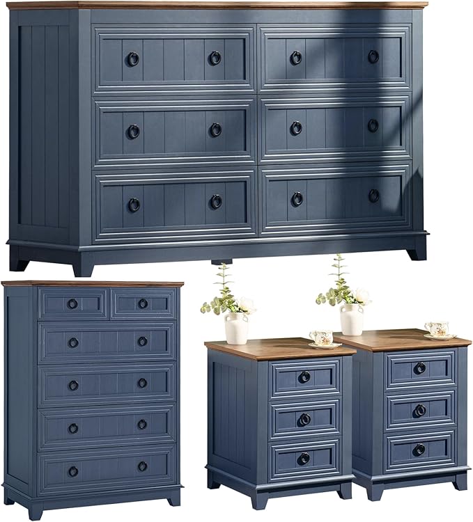 Bedroom Dresser and Nightstand Sets 4 Piece, Farmhouse 6 Drawers Dresser & 40.5" Tall Chest of Drawers, 18" Nightstands Set of 2, 54" Wide Furniture Dressers for Bedroom, Living Room, Blue