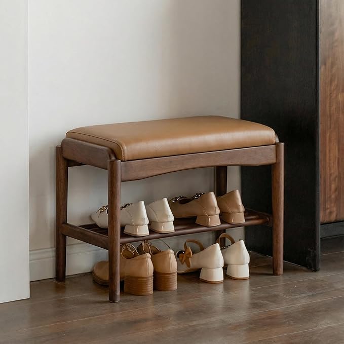 Black Walnut Shoe Bench Assembled, Solid Wood Shoe Rack Bench with Silicone Leather Cushion for Entryway, Living Room, Bedroom, Hallway
