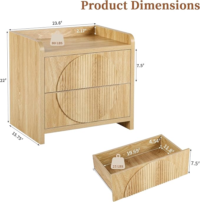 Turtle&Myrtle 24 Inch Wide Fluted Nightstands, Large Night Stand with 2 Drawers, Mid Century Modern Bedside Table End Table with Storage for Bedroom Living Room Office (Natural)
