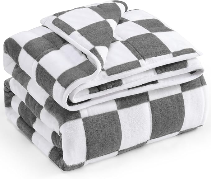 Wemore Flannel Fleece Weighted Blanket for Adult Queen Size 20 lbs, Dual Sided Luxurious Checkerboard Grid Heavy Blankets, Ultra Soft Throw Blanket, Plaid Grey, 60 x 80 inches