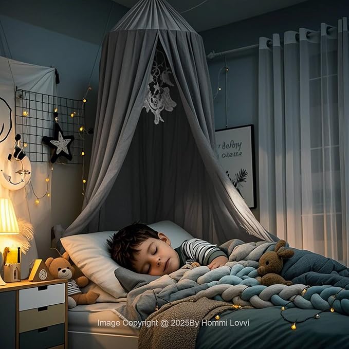 Grey Bed Canopy for Girls with Light, Princess Canopy Curtains for Twin Full Queen Size Kids Bed, Canopy for Girls Bed Room Decor, Hanging Castle Ceiling Tent