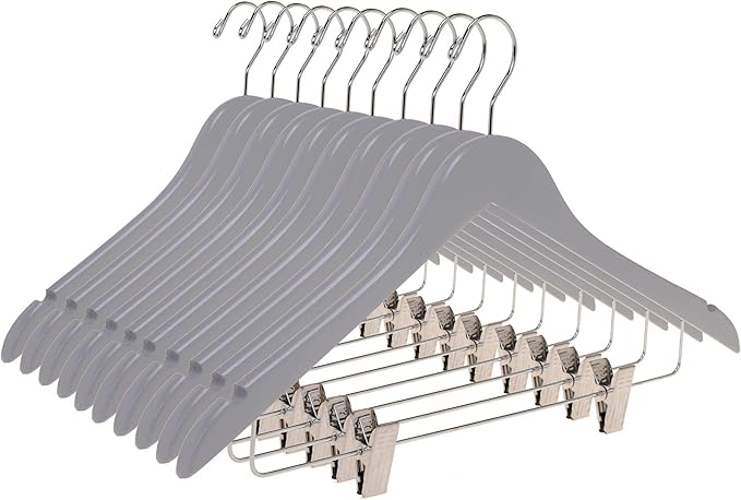 Quality Wooden Skirt Hangers with Clips 80-Pack Grey Pants Hangers with Adjustable Chrome Metal Clips, Swivel Hook, Coat, Jacket, Blouse Suit Hangers (Gray, 80)