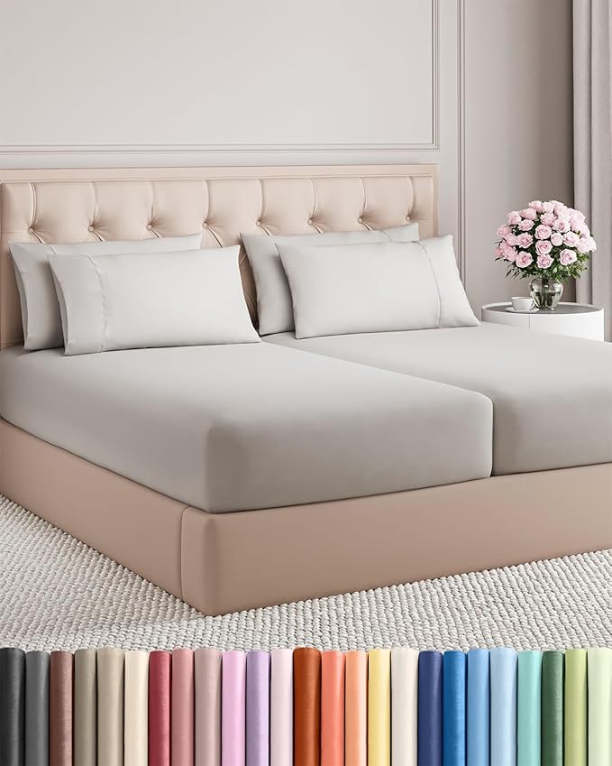 Split King 7 Piece Sheet Set - Cooling & Breathable - Hotel Luxury Bedding, Includes Fitted Sheets for Women, Men, Kids & Teens - 1 Flat, 2 Fitted Sheets, 4 Pillowcases w/Deep Pockets - French Grey