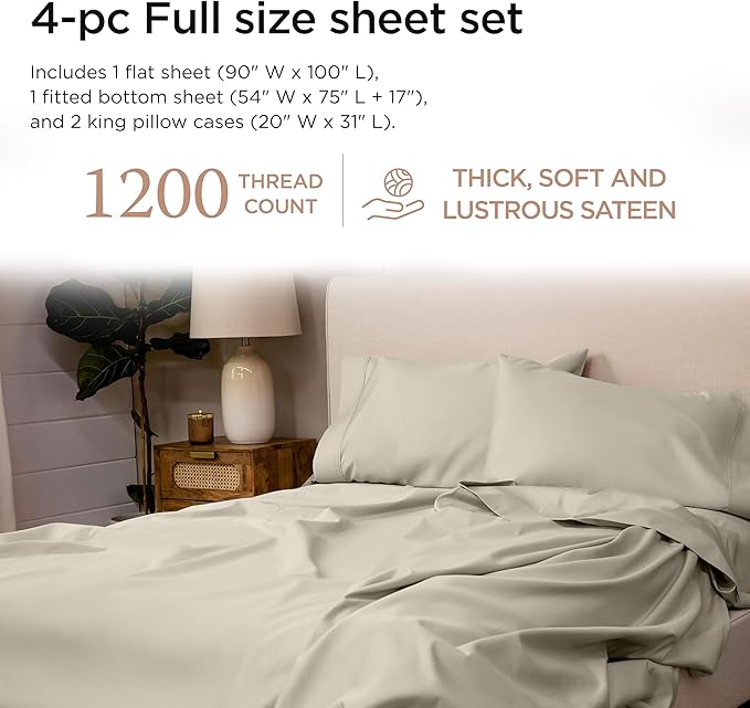 Threadmill Luxury Full Size Sheets for Full Size Mattress, 1200 Thread Count Supima Cotton Sheets for Full Mattress, 5-Star Hotel Quality 4 Piece Bed Sheets with Extra Deep Pocket, Taupe