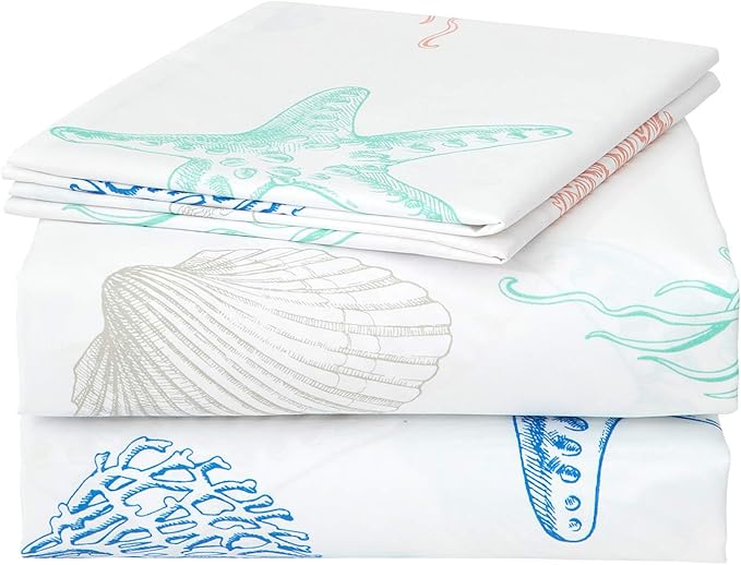 JSD Beach Theme Kids Sheet Set Twin, 3 Piece Starfish Jellyfish Coastal Summer Microfiber Bed Sheets Deep Pocket