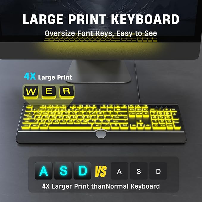 Large Print Backlit Computer Keyboard, USB Full Size Wired Keyboards with 7-Colors Backlight, Wrist Rest, Light Up Keyboard for Windows, PC, Laptop - Easy to See, Easy to Setup