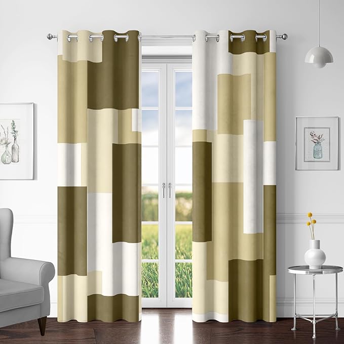 Beige 100% Blackout Curtains for Bedroom 63 inch Long 2 Panels Set White Beige Modern Abstract Geometric Black Out Curtains Insulated Room Darkening Window Drapes for Living Room, 52Wx63L
