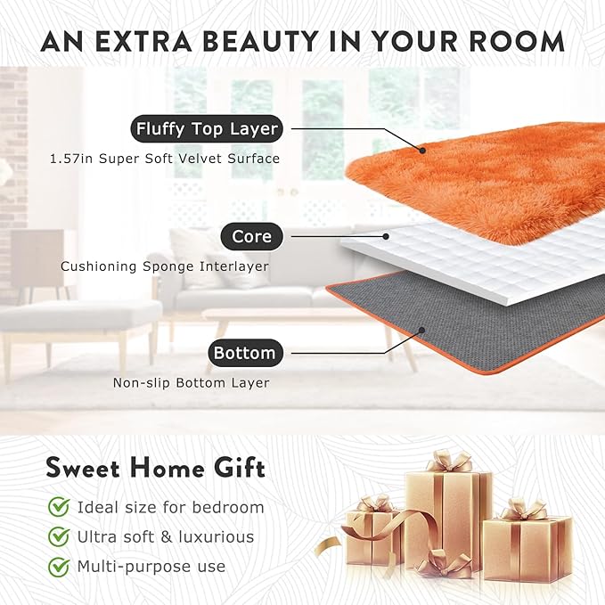Shag Area Rug 6x9 for Living Room, Large Orange Fluffy Rug for Bedroom Girls Kids Teen Room, Soft Fuzzy Plush Carpet for Nursery Dorm, Non Slip Indoor Shaggy Throw Rug for Home Decor, Orange Tie Dye