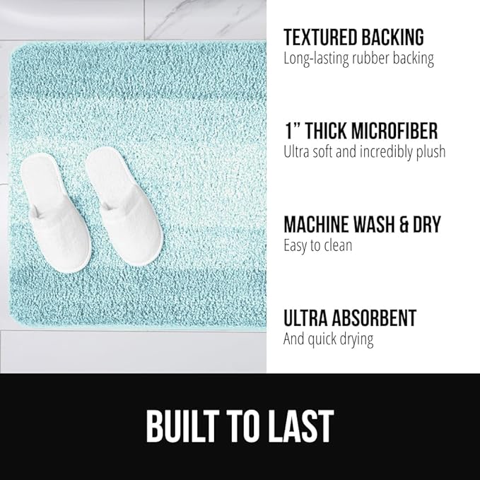 GORILLA GRIP Ultra Soft Plush Bathroom Rugs with Textured Rubber Backing, 40 x 24 Absorbent Quick Dry Bath Mat, Machine Washable Shower Mats, Home Décor Accessories Bathmat Rug Essentials, Light Blue
