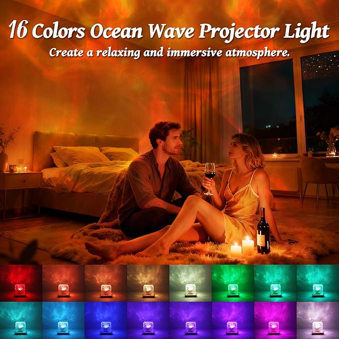 Ocean Wave Projector Light, 16 Colors Galaxy Projector Night Light Water Ripple Lamp Ambient Lighting with Remote Control, Mood Lights for Bedroom Shower Office Bar Game Room Kids Christmas Gifts