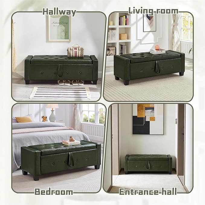 48" Storage Ottoman Bench, Upholstered Button-Tufted End of Bed Bench with Soft-Close Hinge & Solid Wood Legs, Foot Rest for Living Room, Bedroom, Hallway (Faux Leather, Dark Green)