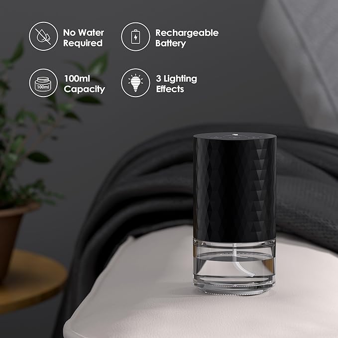 Airversa Waterless Diffuser Essential Oil 100mL Capacity Scent Air Machine for Home Aromatherapy Premium Metal Nebulizer Battery Operated 3 Mist Settings 3 Countdown Timers Color Light AN5(Black)