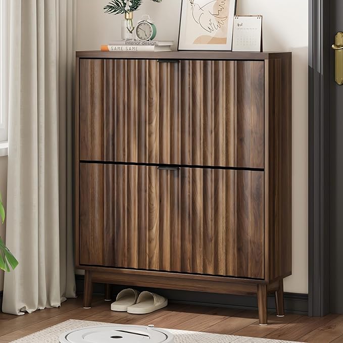 Shoe Storage Cabinet with 2 Flip Drawers, Walnut Fluted Narrow for Entryway, Slim Shoe Rack Cabinet Organizer 31.5in