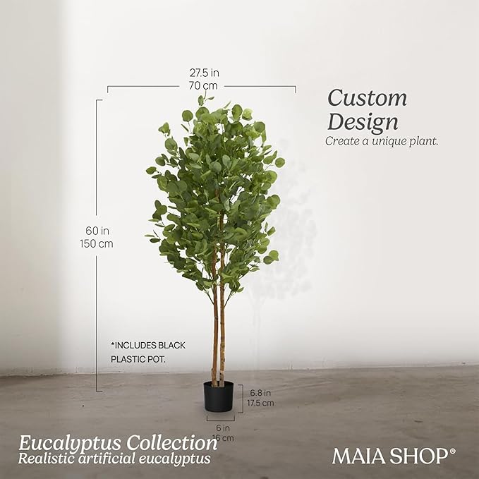 Maia Shop 5ft Artificial Eucalyptus Tree Plant for House, Apartment or Office – Realistic Fake Indoor Plants for Living Room, Kitchen, Bedroom, Entryway or Bathroom – Faux Greenery for Home Décor