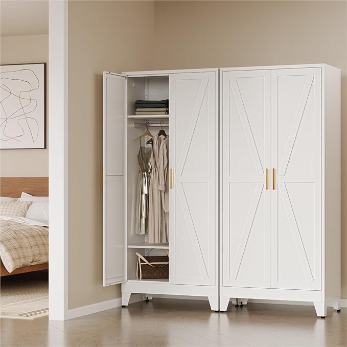 COFaR Metal Wardrobe Cabinet, 71" Farmhouse Storage Cabinet with Hanging Rod, 2 Barn Door, 2 Adjustable Shelves and Legs, for Bedroom, Laundry Room, Cloak Room, Gym, Office, School (White)