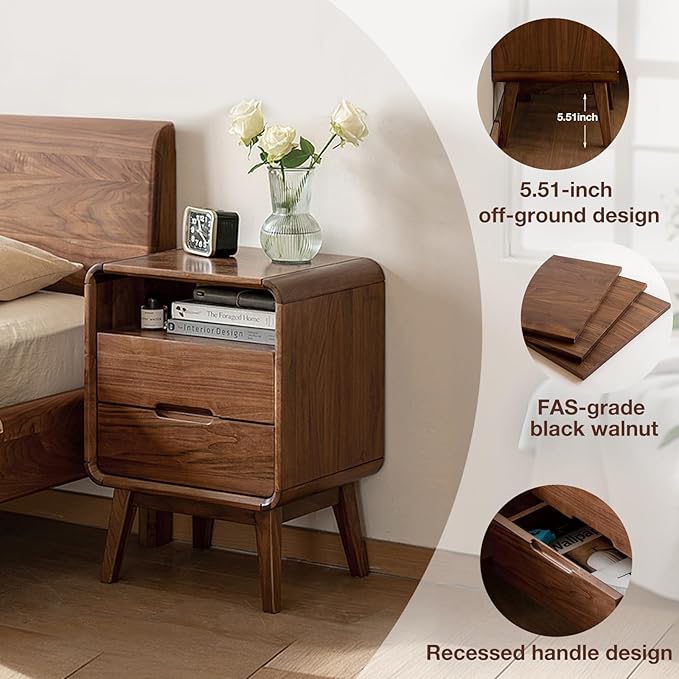 Walnut Nightstand Set of 2, Solid Wood Nightstand with Drawers & Open Storage Shelf, Mid Century Modern Nightstands, Wood End Table for Bedroom, (Dark Black Walnut, 23.23" H)