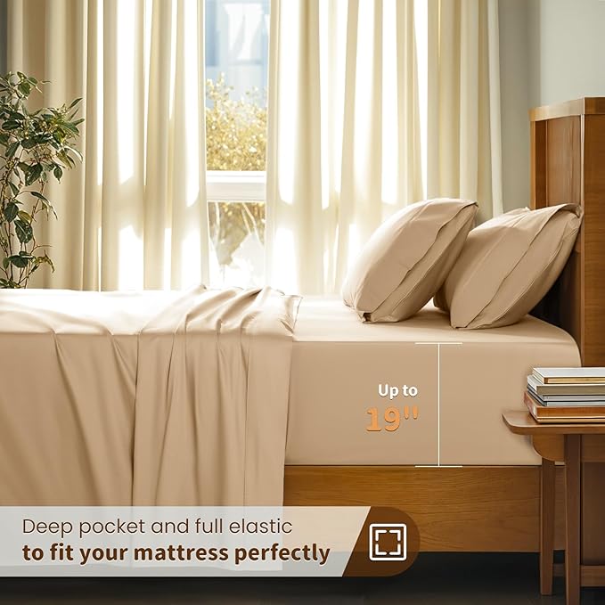 LBRO2M 100% Cotton Sheets Set Deep Pocket 19", 1000 Thread Count California King Size 4 Piece Bed Sheet Sets Soft Comfortable Bedding All Season (California King, Cream)