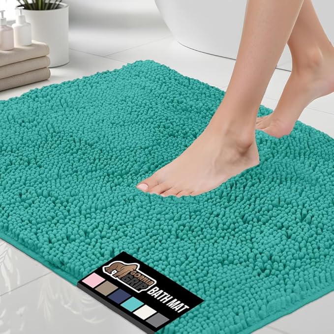 GORILLA GRIP Bath Rug Mat, Soft Absorbent Chenille, Quick Dry Microfiber Mats, Rubber Backing Washable Shower Floor Rugs, Bathmat Runner, US Designed Bathroom Home Decor Accessories 24x17, Turquoise
