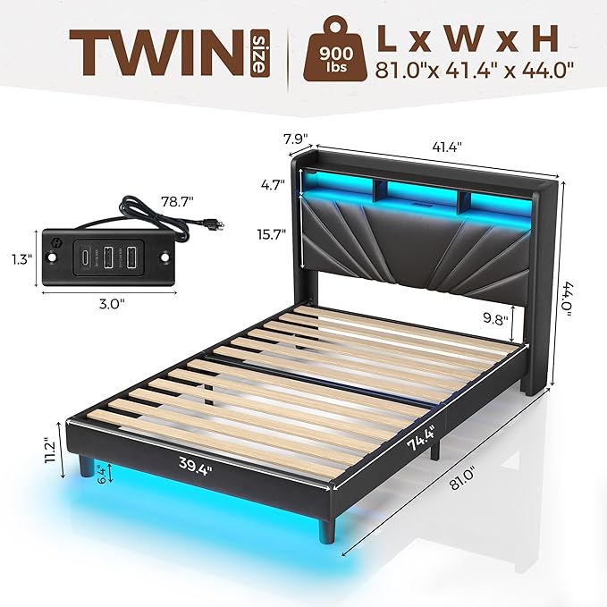 Rolanstar Twin Size Bed Frame, Storage Headboard with Charging Station and LED Lights, Upholstered Bed with Heavy Duty Wood Slats, No Box Spring Needed, Noise Free, Easy Assembly, Black