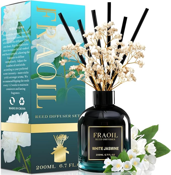 White Jasmine Reed Diffuser, Reed Diffuser Set 6.7 fl oz (200 ml) with 6 Reed Sticks, Home Fragrance Reed Diffuser for Bathroom Shelf House Bedroom Office Decor