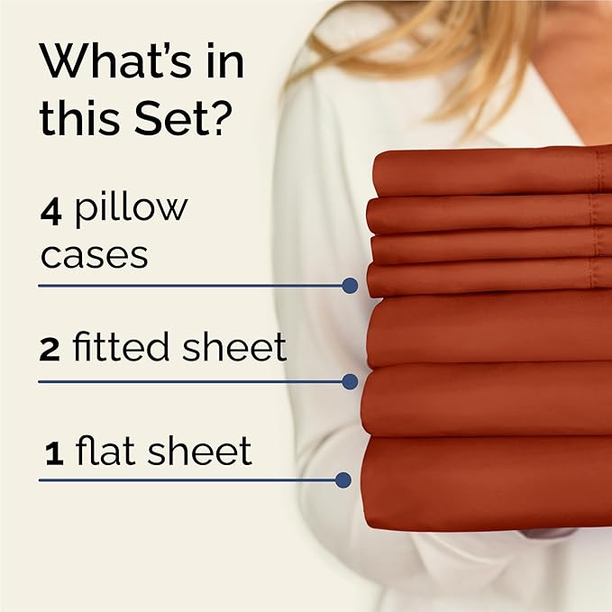 Split King 7 Piece Sheet Set - Cooling & Breathable - Hotel Luxury Bedding, Includes Fitted Sheets for Women, Men, Kids & Teens - 1 Flat, 2 Fitted Sheets, 4 Pillowcases w/Deep Pockets - Terracotta