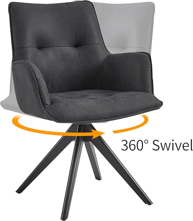 Art Leon Accent Chair Set of 2 - Mid Century Modern Desk Chair No Wheels, Faux Leather Upholstered Office Chair with Black Oak Wood Legs for Small Space Living Room Bedroom, Black