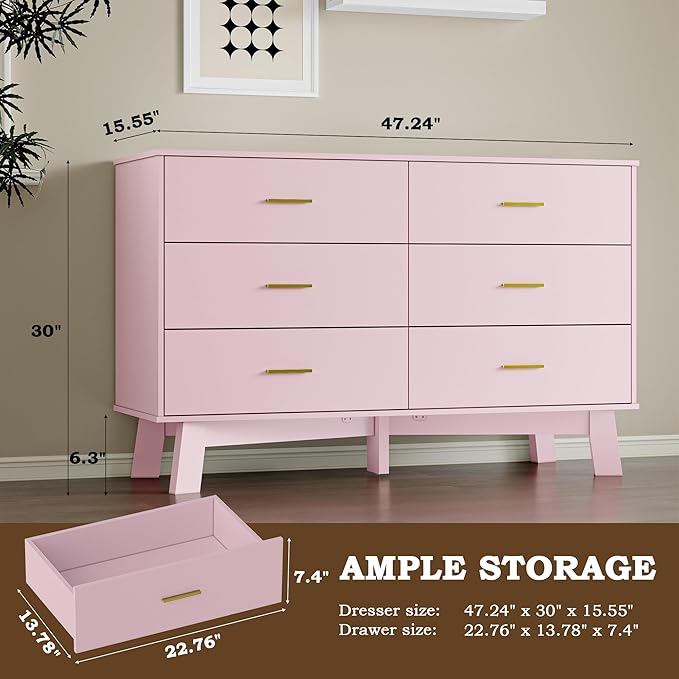 Dresser for Bedroom with 6-Drawer, 47.2" Modern Chest of Drawers with Metal Handles, X-Shape Base & Adjustable Center Leg, Anti-Tip Closet Organizers and Storage