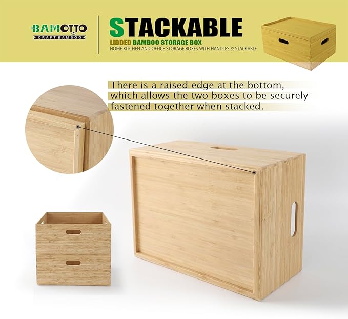 BAMOTTO Lidded Bamboo Storage Bins & Box/Cube/Basket, Home Kitchen and Office Storage Boxes with Handles & Stackable for Organizer Tableware, Clothing, Toys, Office Shelf Books, 14.6”x10.2”x6.5”
