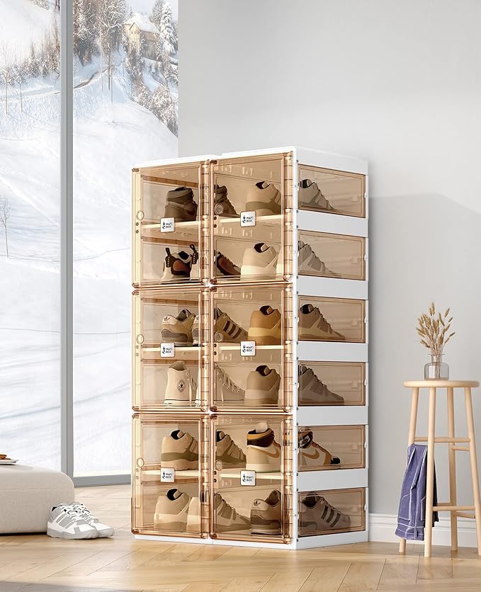ANTBOX Foldable Shoe Rack,Shoe Organizers for Closet Plastic Shoe Storage Box For Entryway,Living Room,Large Sturdy Stackable Sneaker Cabinet Bins With Magnetic Clear Door 6 Tiers 12 Pairs