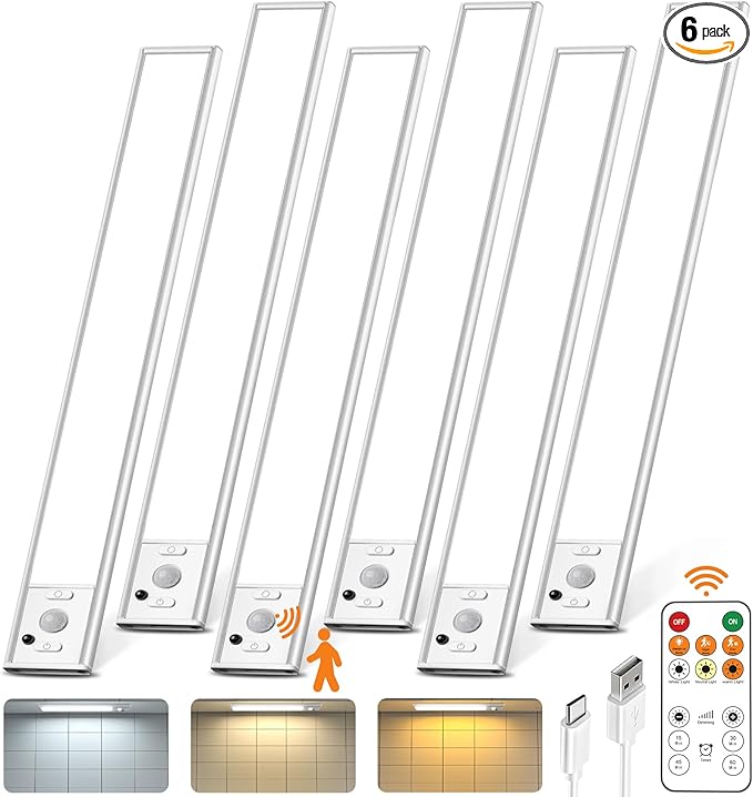 Under Cabinet Lighting with Remote Control,2500mAh USB Rechargeable Motion Sensor Light Indoor,350 Lumen LED Closet Light,3 Color Temps Wireless Under Counter Lights for Bedroom,Wardrobe,Stairs,6 Pack
