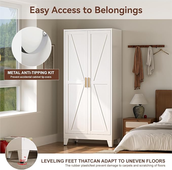 COFaR Metal Wardrobe Cabinet, 71" Farmhouse Storage Cabinet with Hanging Rod, 2 Barn Door, 2 Adjustable Shelves and Legs, for Bedroom, Laundry Room, Cloak Room, Gym, Office, School (White)