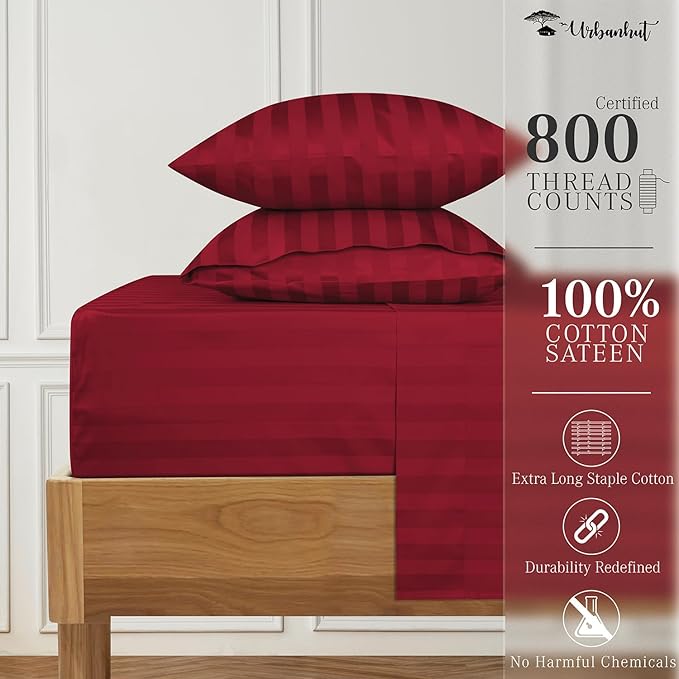 URBANHUT 800 Thread Count 100% Cotton Damask Queen Size Sheets, 4 Piece Striped Queen Size Bedsheets, Luxury Hotel Sheets Sateen Weave - Better Than Egyptian, 16" Elasticized Deep Pocket- Burgundy