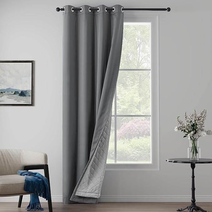 3-in-1 Layers Noise Cancelling Curtains for Bedroom Grommet Full Blackout Window Drapes Thermal Insulation Winter Curtains for Living Room (1 Panel, Grey, 50" x 84")