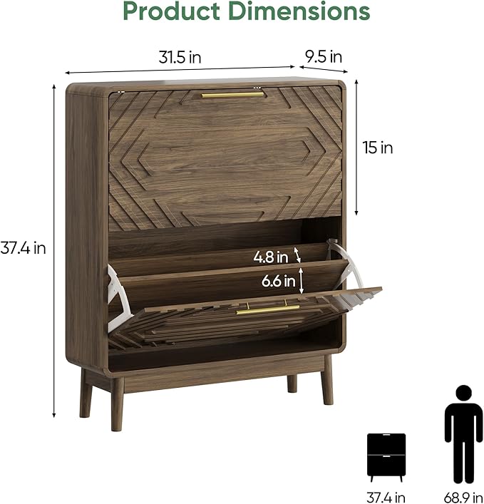 Shoe Storage Cabinet with Hand-Carved Raised Embossed 2 Flip Drawers,Slim Shoe Rack Cabinet, Narrow Shoe Cabinet Storage for Entryway Entrance, Freestanding Shoe Organizer Cabinet (Walnut)