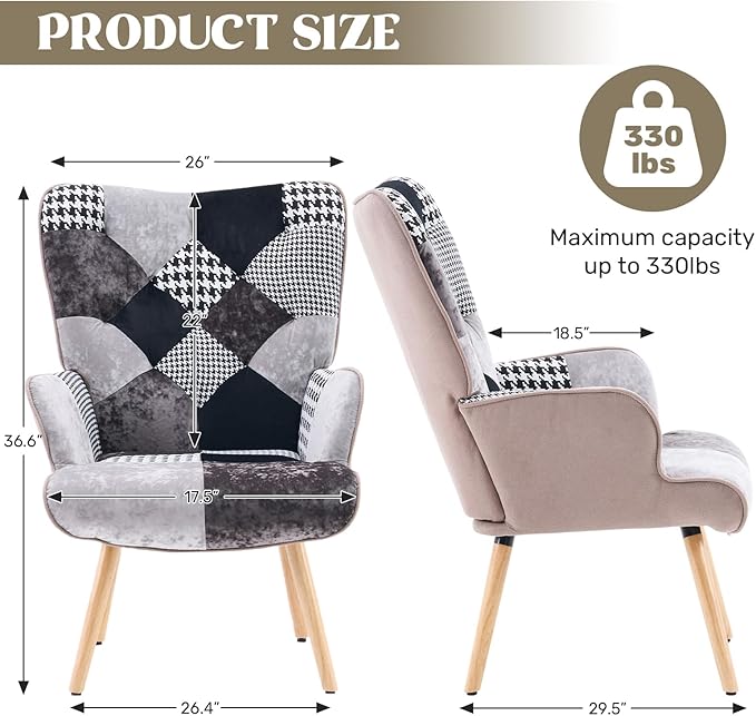 Joysoul Living Room Accent Chair Modern High Back Arm Chair, Houndstooth Pattern Bohemian Style Chairs for Bedroom Waiting Room