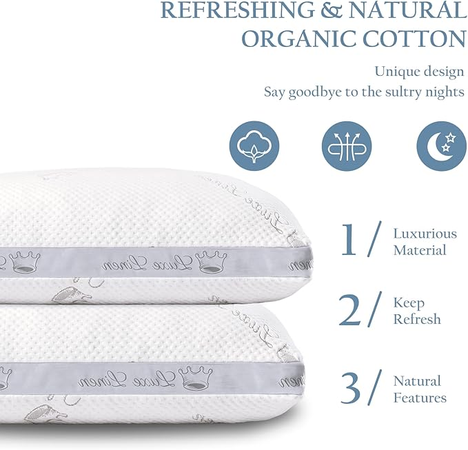 Organic Cotton Queen Bed Pillows, Shredded Memory Foam Pillows, Adjustable Bed Pillow for Sleeping, 20"x30"Organic Cotton Bed Pillows for Side, Back, Stomach Sleepers（Pack of 1）