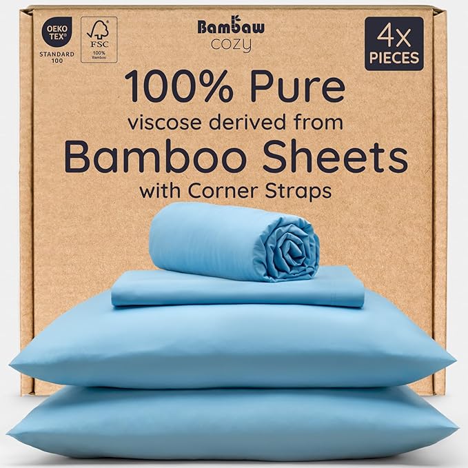 Bambaw California King Sheet Set 4pcs – 100% Viscose Derived from Bamboo Sheets Deep Pocket, Fits Up to 16'' Mattresses, Temperature Cooling Bed Sheets, Super Soft Bed Sheets (Dream Blue)