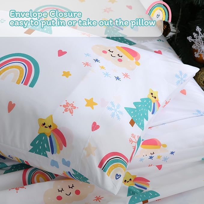 JSD Christmas Kids Sheet Set Full Size, 4 Piece Rainbow Christmas Tree Printed Microfiber Bed Sheets Deep Pocket
