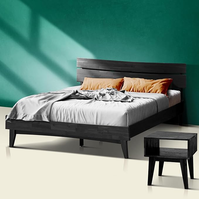 Acacia Aurora Queen Solid Wood Bed Frame with Headboard – Gift Matching Nightstand Included, Mid-Century Modern Farmhouse, Black Ristretto, 800 lbs Capacity, Sturdy, No Box Spring, Easy Assembly