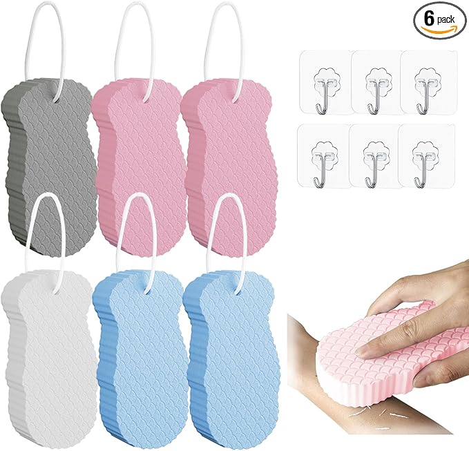 SODOI Shower Sponge 6-Pack 3D Ultra-Soft Exfoliating Bath Sponge Gentle on Skin Suitable for Adults Children and Pregnant Women Reusable (1 White + 1 Gray + 2 Blue + 2 Pink) + 6 Clear Hooks