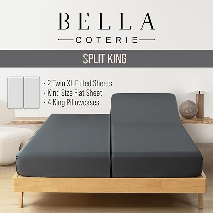 Bella Coterie 7 Piece Luxury Bamboo Viscose Split King Size Sheet Set | 2 Fitted Sheets for Adjustable Beds | 100% Organically Grown | Cooling for Hot Sleepers | 4 Pillowcases [Charcoal Grey]
