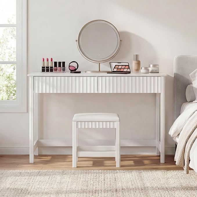ChooChoo 47.2 Inch Modern Desk with Drawers, Makeup Vanity Desk with Padded Stool, Writing Computer Desk for Home Office & Bedroom, White