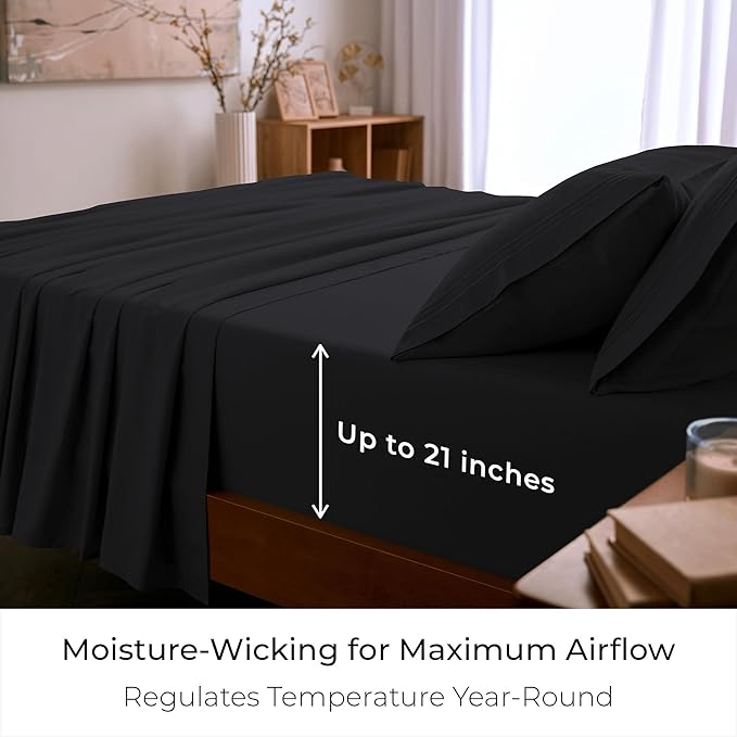 Mellanni California King Sheet Set - 6-Piece Iconic Collection Bedding, (Including 4 Pillowcases), 21-Inch Extra Deep Pocket, Easy Care, Ultra Soft, Cooling Sheets, Brushed Microfiber - Black