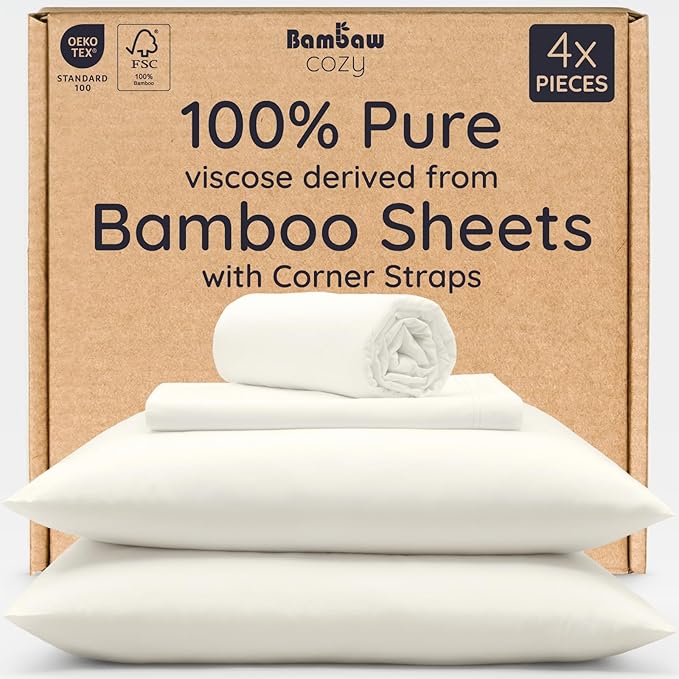 Bambaw 100% Viscose Derived from Bamboo Queen Size Sheet Set - 4pcs Cooling Sheets for Hot Sleepers, Soft Deep Pocket Queen Sheets Fits Up to 16'' with Elastic Corner Straps (Ivory)