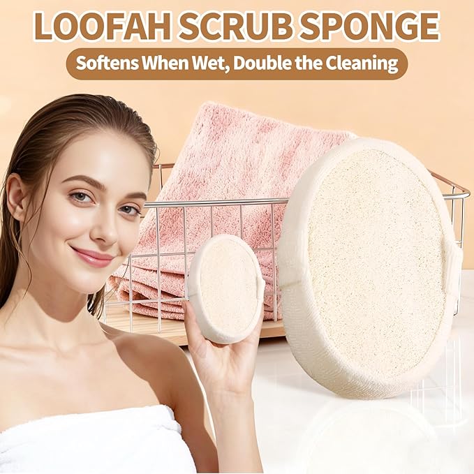 Natural Shower Loofah Sponge Exfoliating Body Scrubber，Natural Organic Beauty Exfoliating Loofah for Men and Women, Suitable for Cleansing Face Scrubber and Body Bath 2PCS (1 Small + 1 Large)