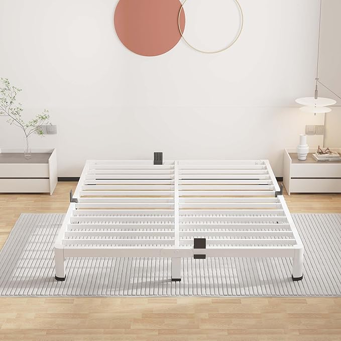 ROIL 4 Inch White Queen Bed Frame with Rounded Corner and Mattress Retainers, 3500LBS Heavy Duty Steel Slats No Box Spring Needed Platform Noise-Free Easy Assembly