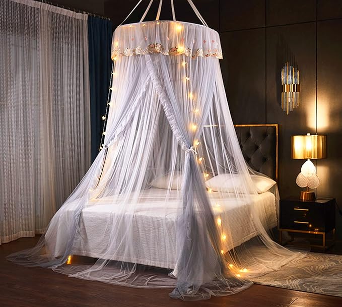 VETHIN Princess Bed Canopy for Girls Double Layer Sheer Mesh Dome Elegant Embroidery Lace Mosquito Net Bed Curtain for Full Queen King Bed with led Stars String Lights(Grey/White)