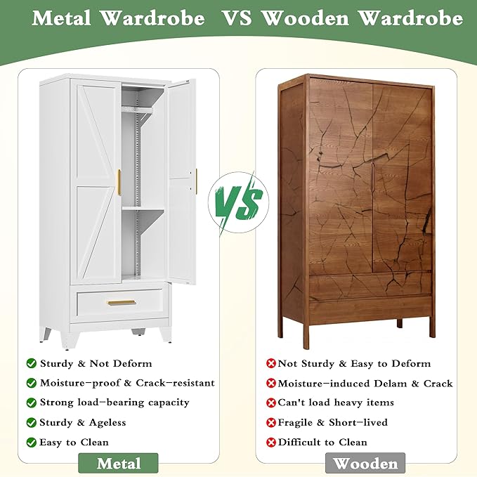 Metal Armoire Wardrobe Closet,71" Tall White Storage Cabinet with Hanging Rod,1 Drawers & 1 Adjustable Shelves,Heavy-Duty Steel Wardrobe for Bedroom, Garage, and Office