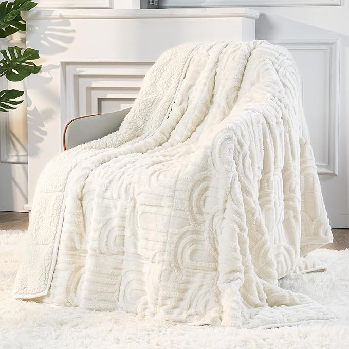Sherpa Fleece Adult Weighted Blanket Great for Sleep, 20 lbs Dual Sided Soft Fuzzy Heavy Blankets for Couch Bed Sofa, Cozy Warm Arched Jacquard Throw for Winter (Cream White, 60" x 80", 20 Pounds)