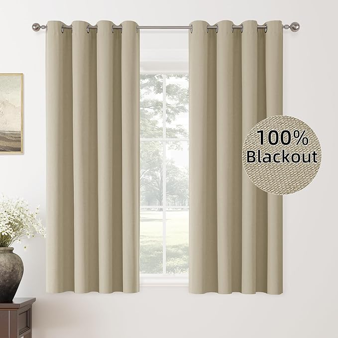ChrisDowa 100% Blackout Tan Solid Curtains 63 Inches Long 2 Panels for Bedroom Living Room,Farmhouse Room Darkening Thermal Insulated Soundproof Grommet Top Window Treatment Drapes,52x63